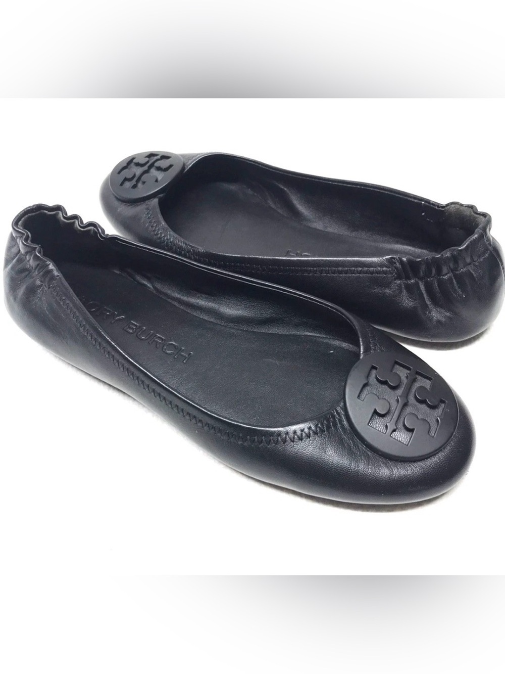 Tory Burch Minnie Travel Black Leather Ballet Flats Metal Logo Sz 6